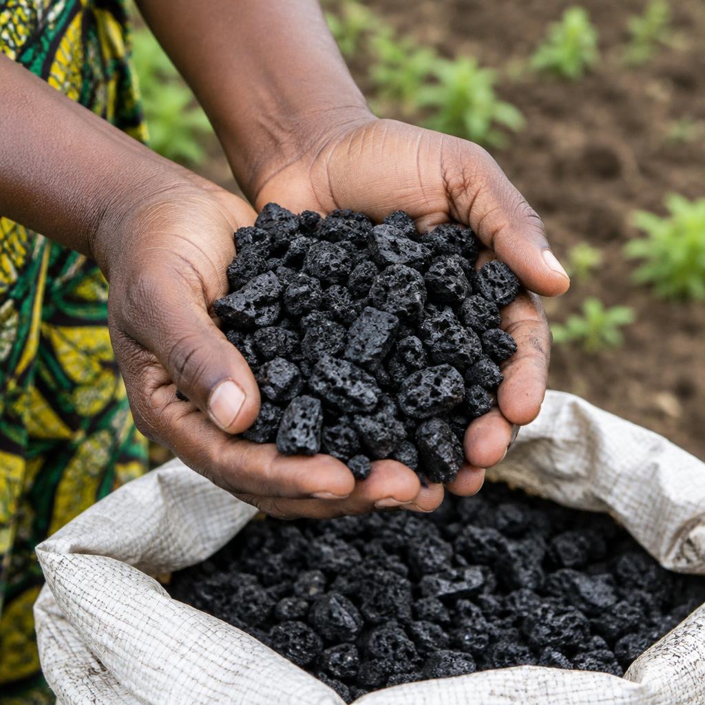 Hands holding biochar granules