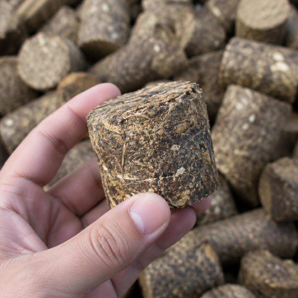 Hand holding a biomass briquette made from compressed agricultural waste