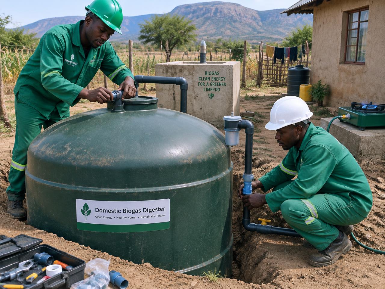 Technicians installing a biogas digester tank at a rural homestead