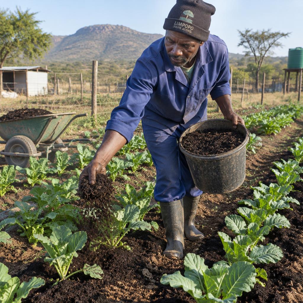 Farmer spreading organic fertilizer around young vegetable plants