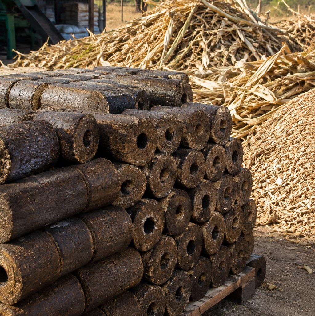 Stacked biomass briquettes beside piles of maize stalks at a rural production yard