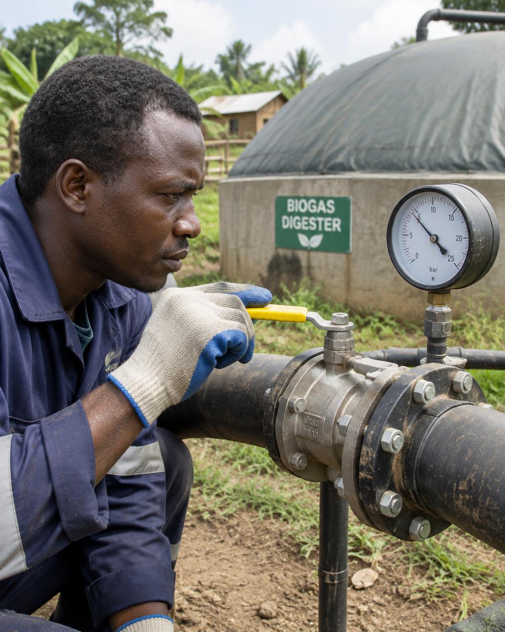 Technician checking a valve and pressure gauge on a biogas pipe